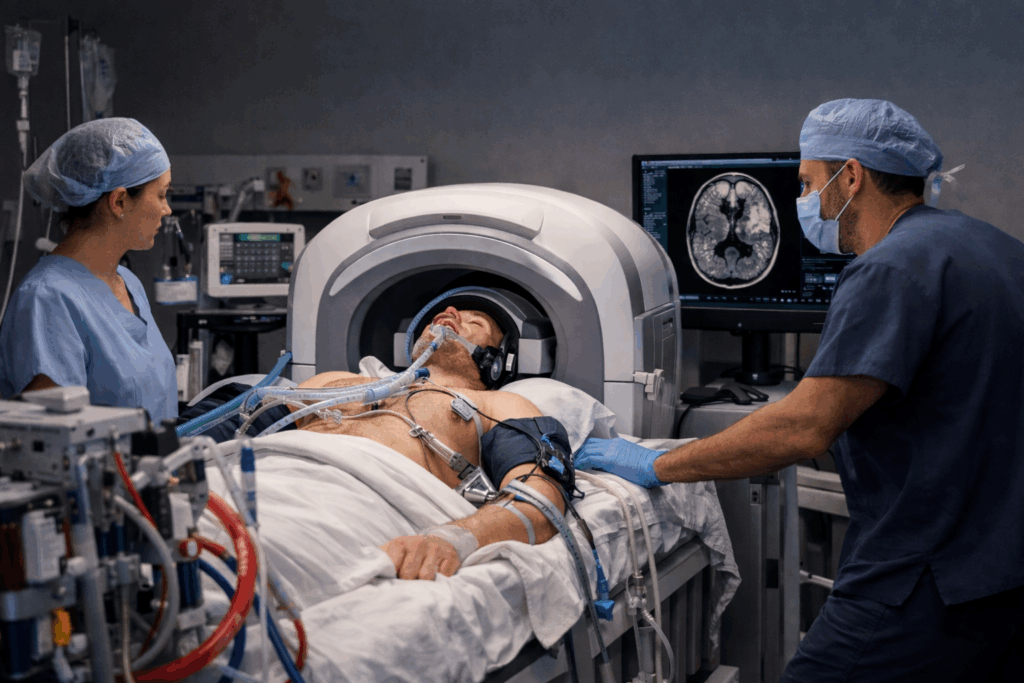 Bedside ultra-low-field MRI scanning an ECMO patient in the ICU, with clinicians monitoring brain imaging for stroke and hemorrhage detection.