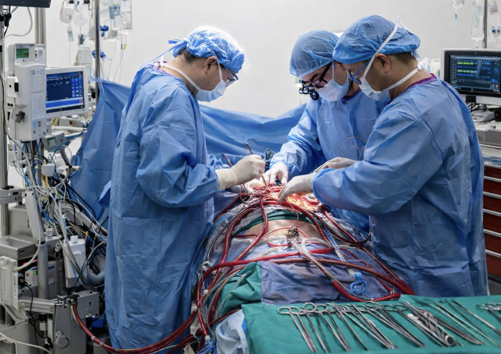 Surgical team in a hospital operating room performing an open chest procedure with multiple tubes and lines connected to the patient, including extracorporeal circulation equipment, while monitors and instruments surround the sterile field.