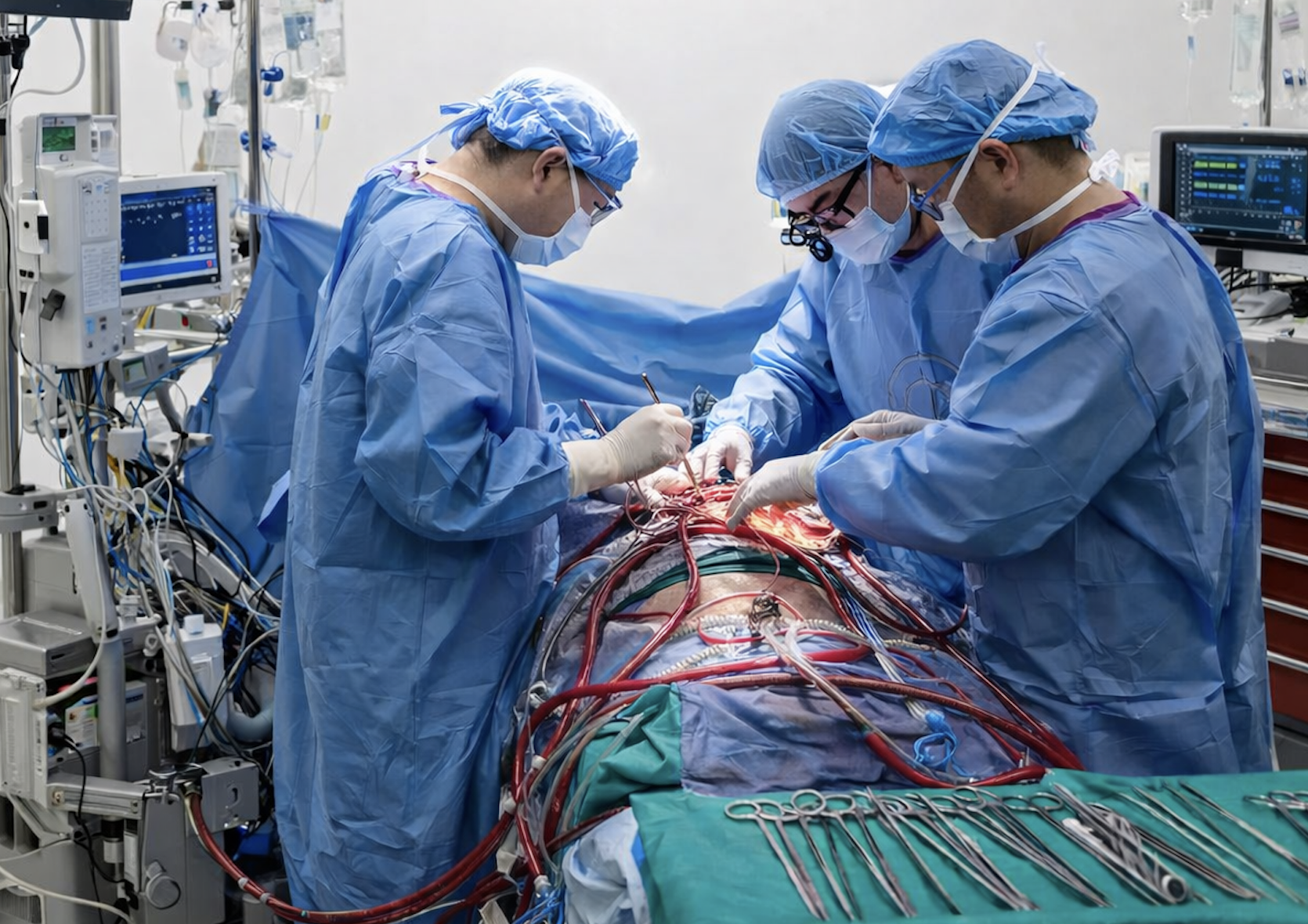 Surgical team in a hospital operating room performing an open chest procedure with multiple tubes and lines connected to the patient, including extracorporeal circulation equipment, while monitors and instruments surround the sterile field.