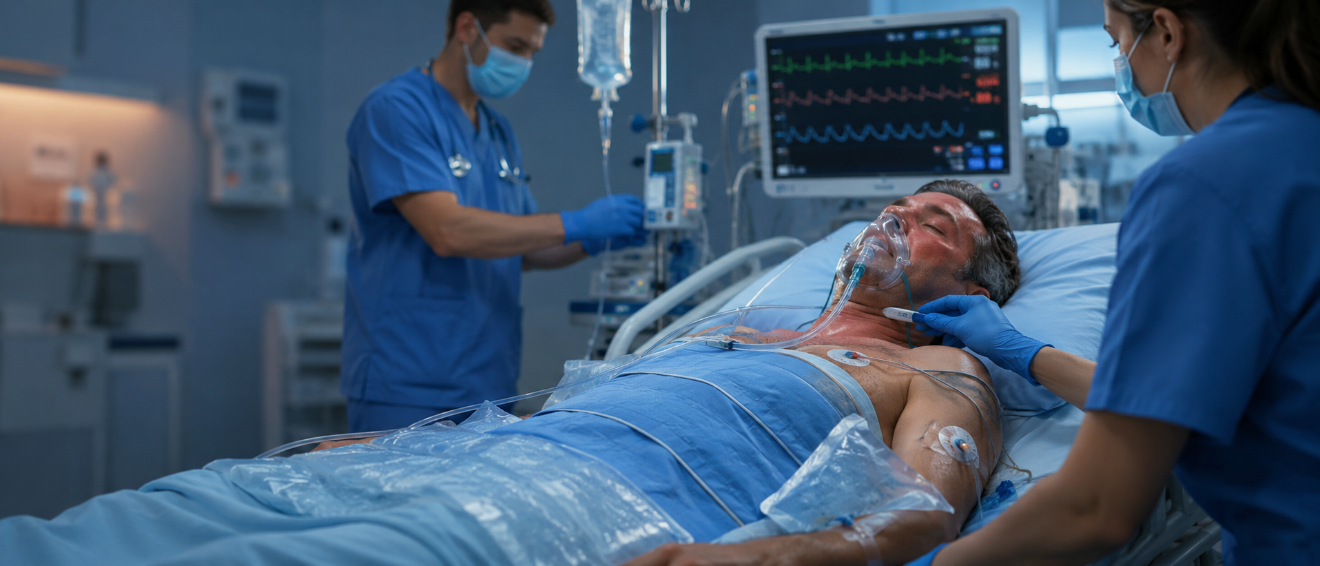 Patient with severe heat stroke undergoing critical care treatment in the ICU, receiving active cooling therapy and respiratory support while healthcare providers monitor vital signs.