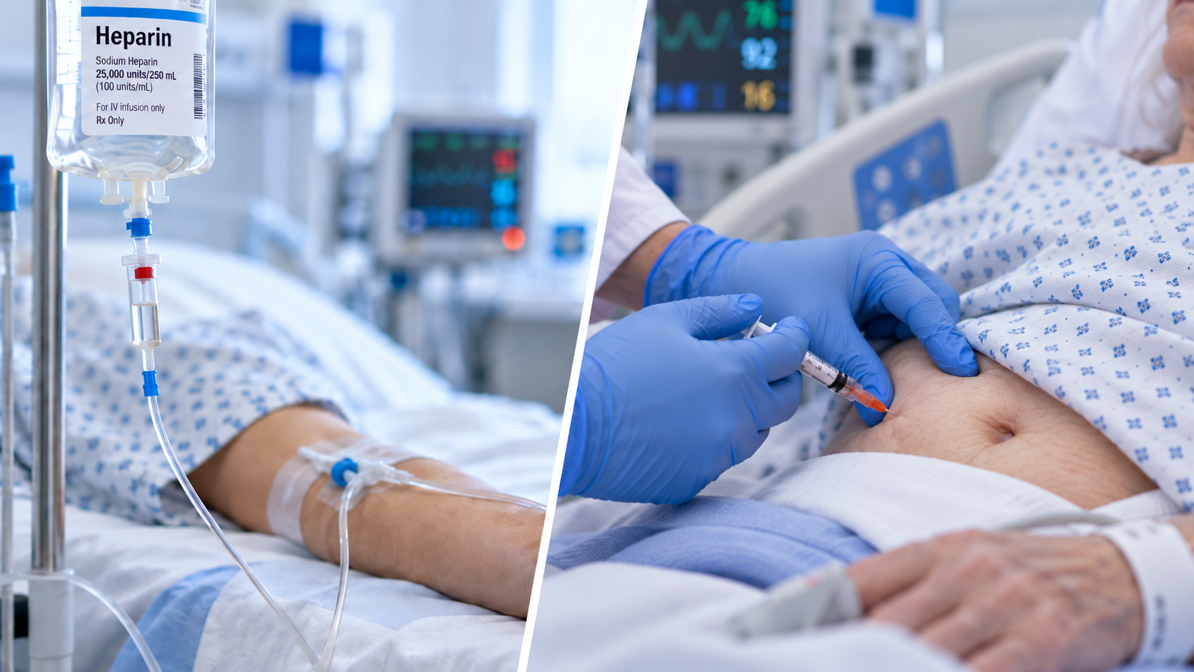 Split image showing two ways to give heparin in a hospital: an IV infusion bag running into a patient's forearm on the left, and a gloved clinician giving a subcutaneous injection into a patient's abdomen on the right.